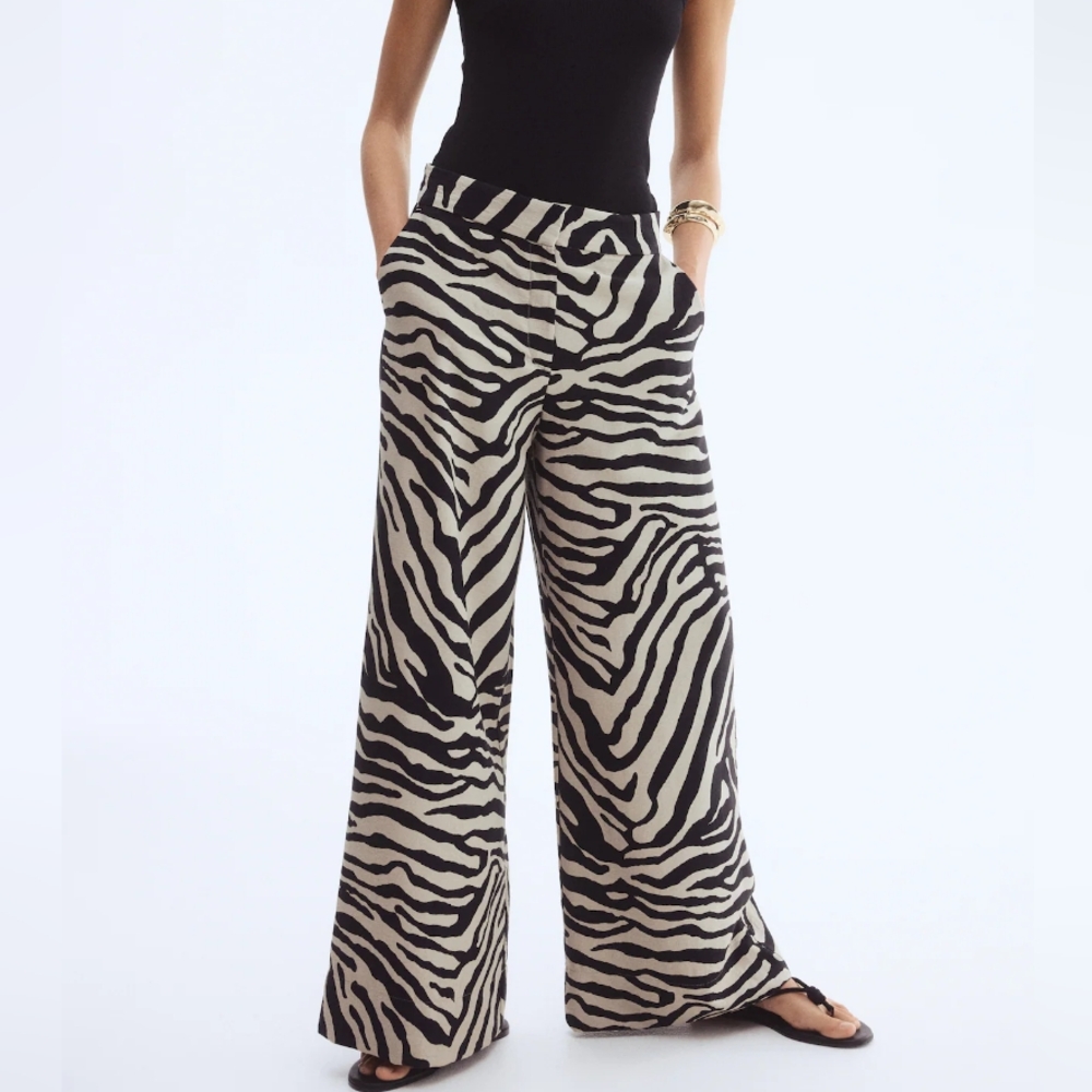Wide-Leg Zebra Print Pants - Black & Cream